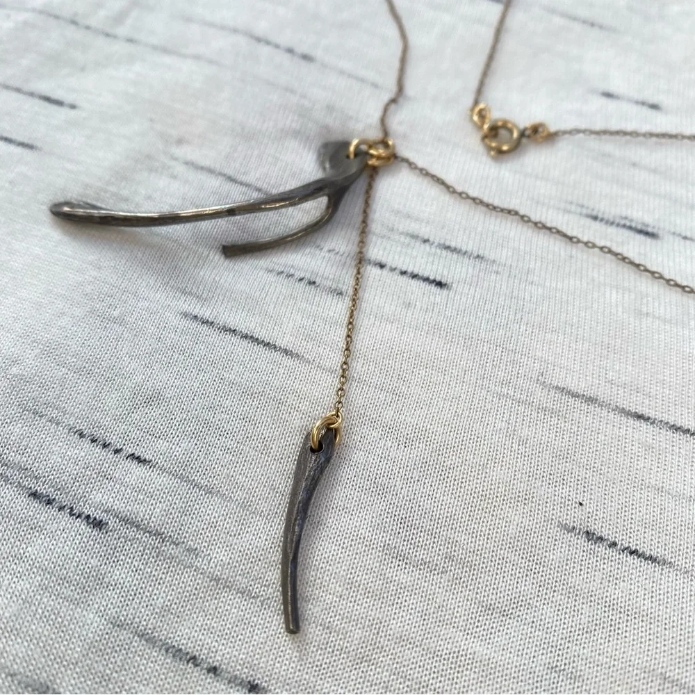 NWOT Asymmetrical Wishbone Lariat Gold Plated & Pewter Artisan Necklace